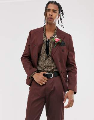 ASOS DESIGN wedding slim cotton double breasted suit jacket in burgundy-Red Red