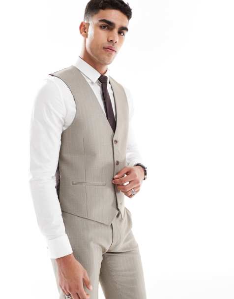 ASOS DESIGN Wedding - Smal gilet met wollook en visgraat in bruin - view 1
