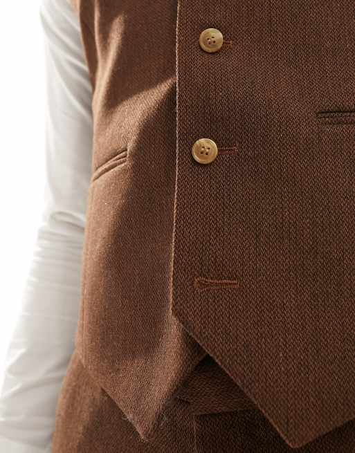 ASOS DESIGN Wedding - Smal gilet van wolmix in bruin met textuur van geweven steken, 4 van 5