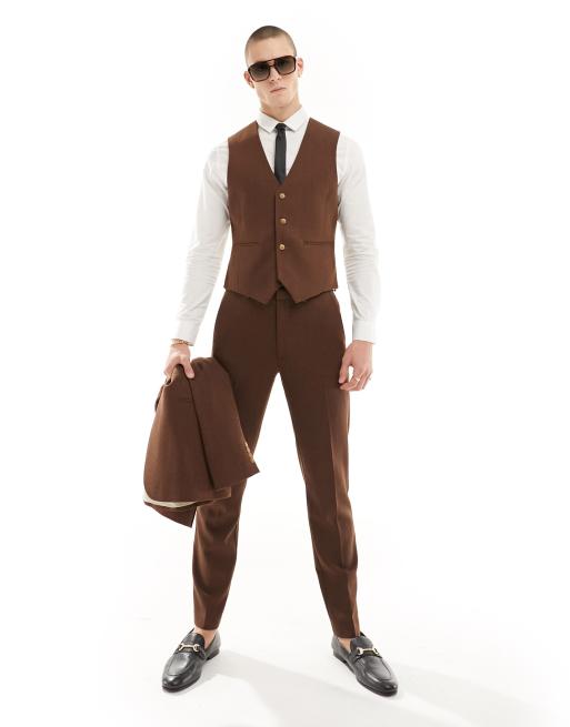 ASOS DESIGN Wedding - Smal gilet van wolmix in bruin met textuur van geweven steken, 5 van 5