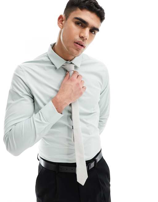 ASOS DESIGN Wedding - Smal poplin overhemd in licht saliegroen