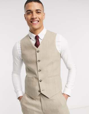 ASOS DESIGN wedding slim suit waistcoat in wool mix herringbone in camel-Beige Beige