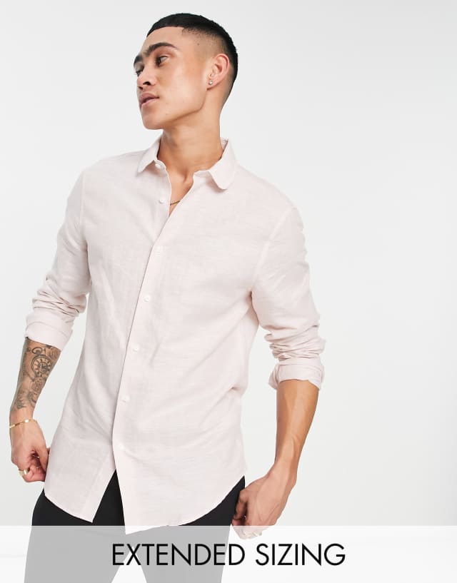 ASOS DESIGN Wedding smart linen regular fit shirt with penny collar in pink