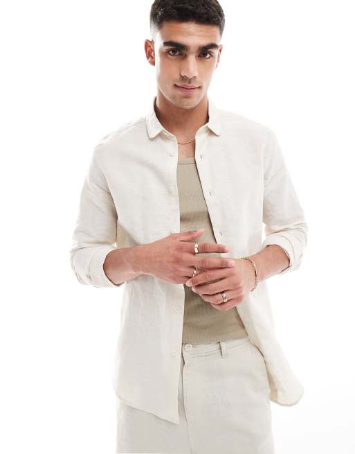 ASOS DESIGN regular smart linen shirt with mandarin collar in pink