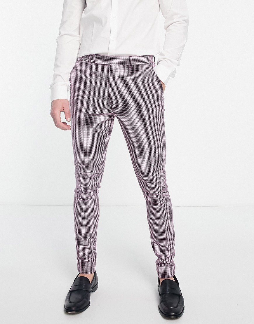 ASOS DESIGN wedding smart super skinny wool mix trousers in purple dogtooth