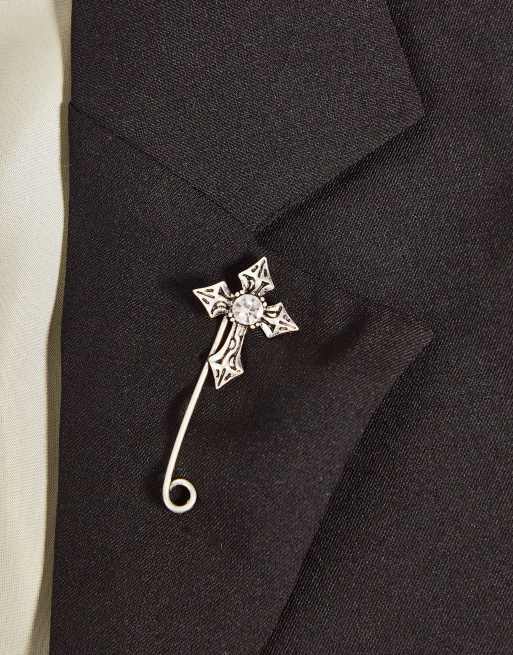 ASOS DESIGN Wedding – Spinki do klapy z oksydowanego metalu w kolorze srebrnym z krzyżykiem w stylu vintage