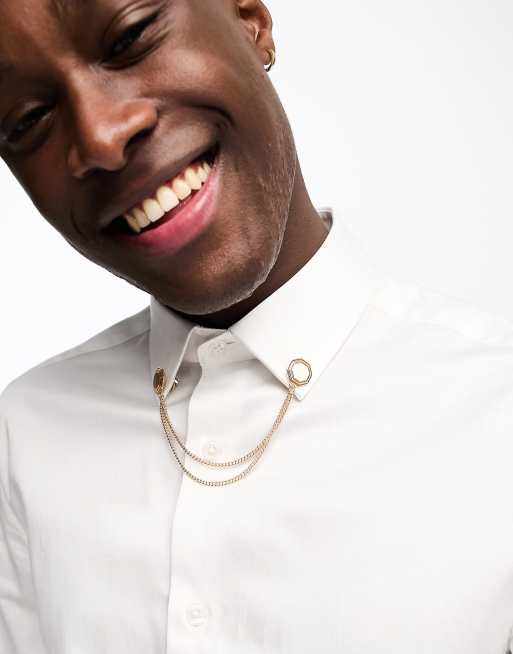 ASOS DESIGN Wedding – Spinki do kołnierzyka w odcieniu złota z sześciokątnymi grawerowanymi brzegami
