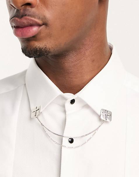 ASOS DESIGN wedding square collar tips with embossed cross design in silver tone