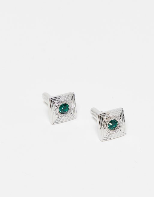 ASOS DESIGN Wedding square cufflinks with engraving and green crystal detail in silver tone, 2 of 4