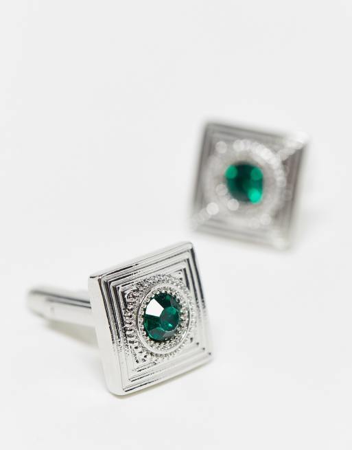 ASOS DESIGN Wedding square cufflinks with engraving and green crystal detail in silver tone, 4 of 4