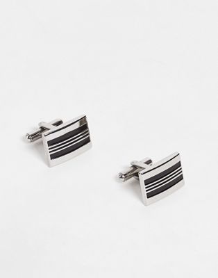 ASOS DESIGN wedding stainless steel cufflinks with line detail and black enamel in silver tone