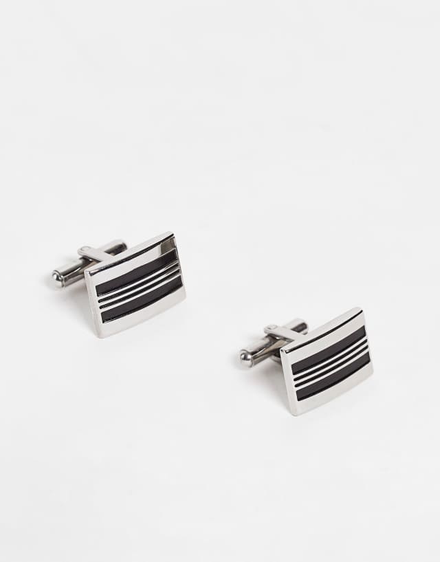 ASOS DESIGN wedding stainless steel cufflinks with line detail and black enamel in silver tone