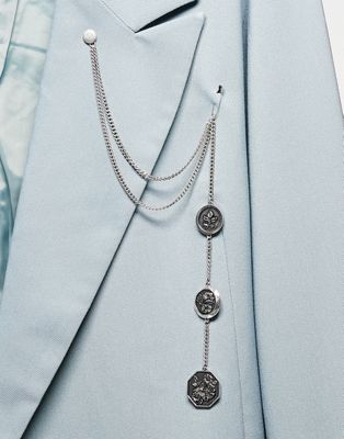ASOS DESIGN wedding suit chain with coin pendants in silver tone