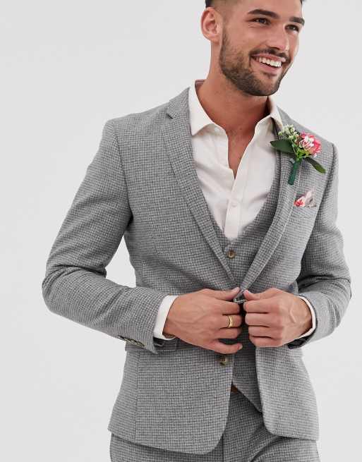 ASOS DESIGN – Wedding – Super enge Anzugjacke in Grau mit feinem Hahnentrittmuster