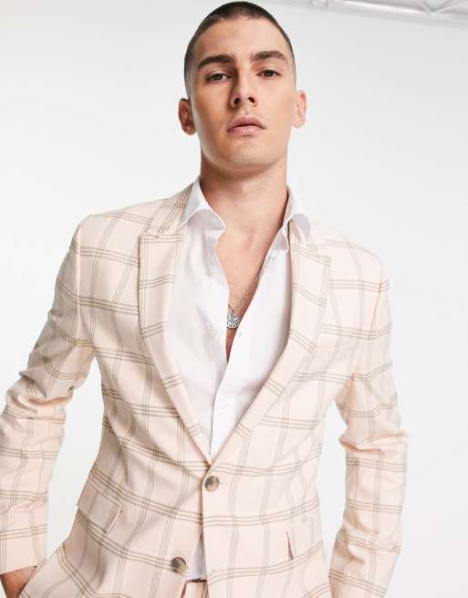 ASOS DESIGN Wedding - Skotskternet super skinny-jakkesæt i lyserødt hør, 2 af 2