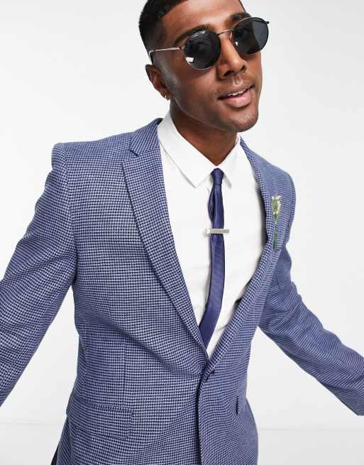 ASOS DESIGN Wedding - Super skinny colbert van linnenmix met kleine pied-de-poule ruit in diepblauw