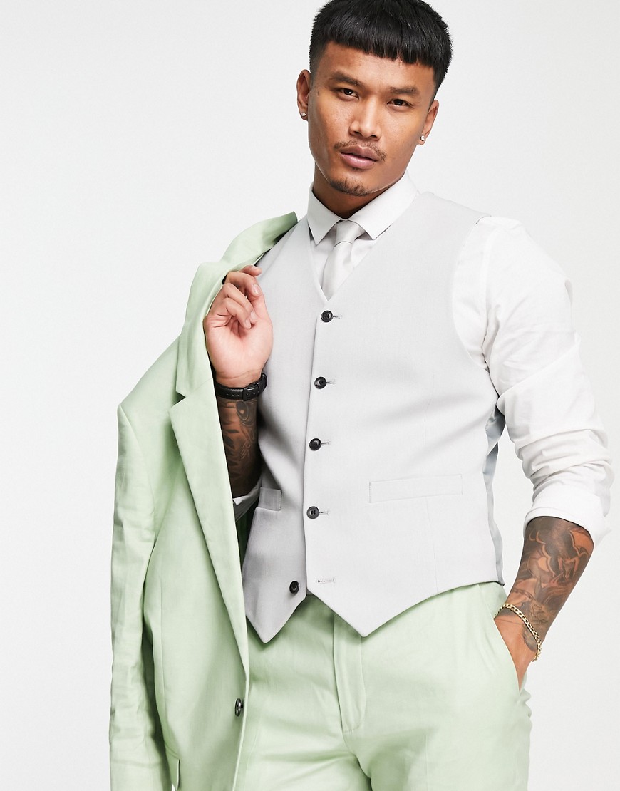 Asos Design Wedding Super Skinny Cotton Slub Vest In Ice Gray-grey