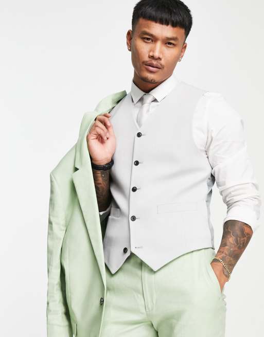 ASOS DESIGN summer wedding suit in green linen mix with ice grey