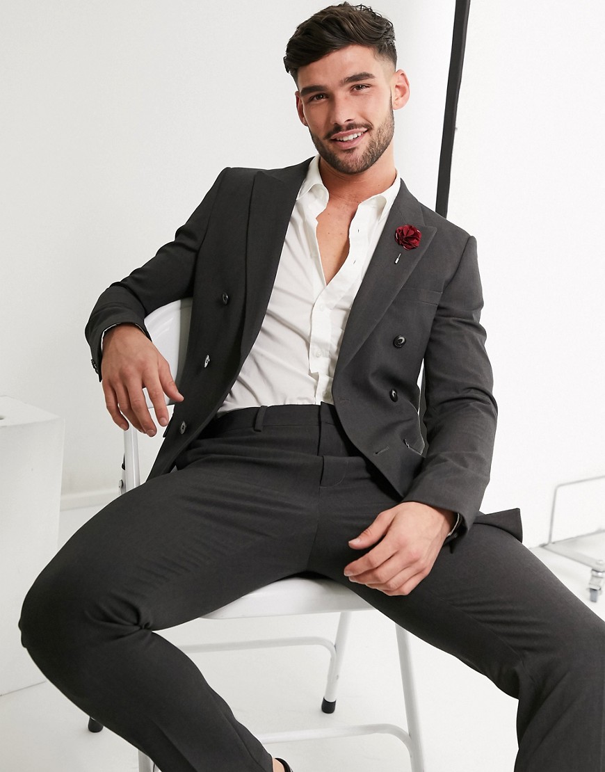 ASOS DESIGN wedding super skinny double breasted suit jacket in charcoal four way stretch-Gray