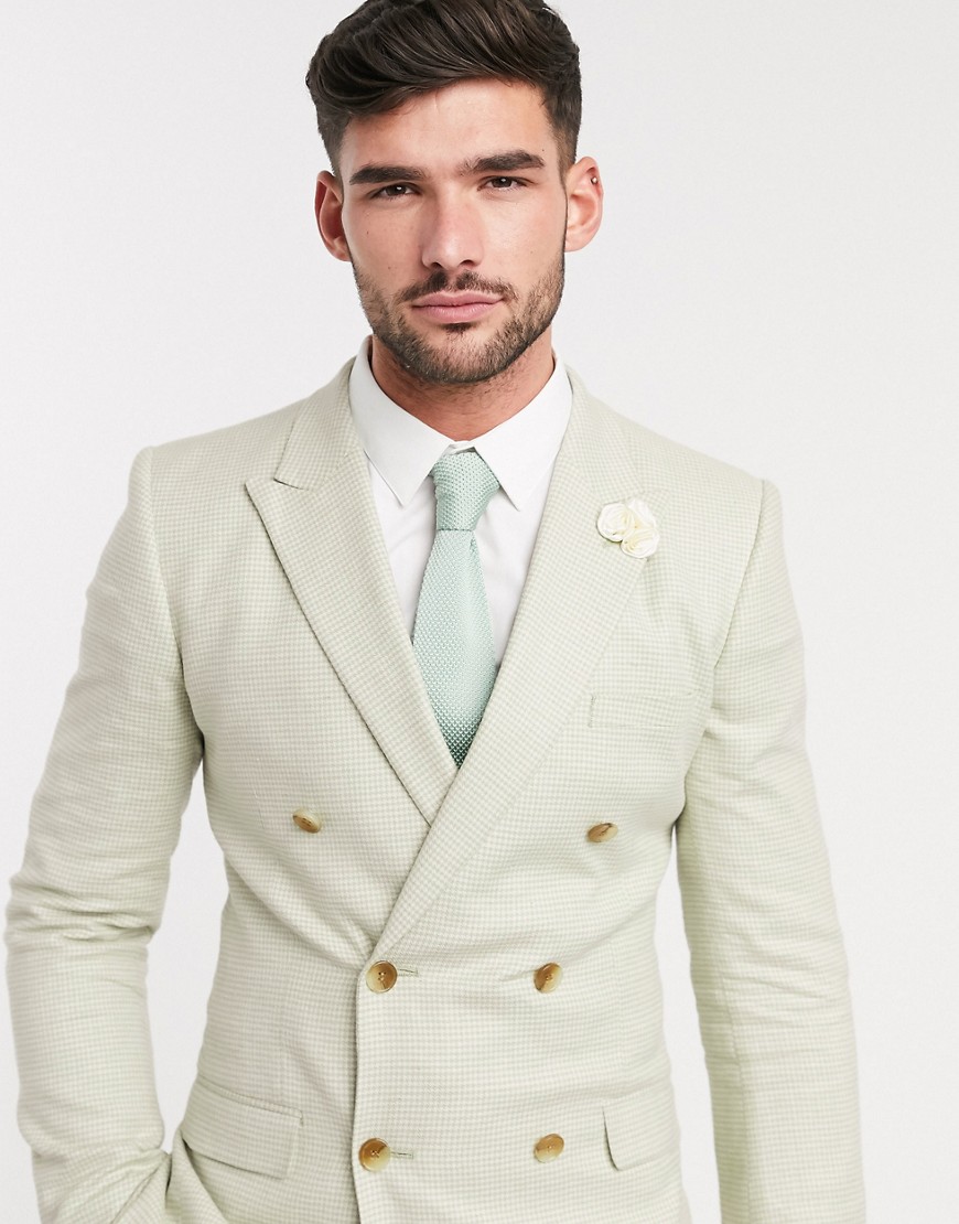 ASOS DESIGN wedding super skinny double breasted suit jacket in stretch cotton linen in mint houndstooth-Green