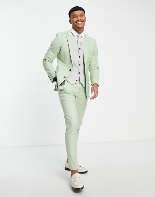 ASOS DESIGN wedding skinny blazer with gold buttons in sage green