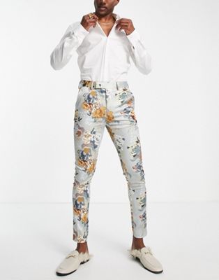 ASOS DESIGN wedding super skinny smart trousers with floral print in stone