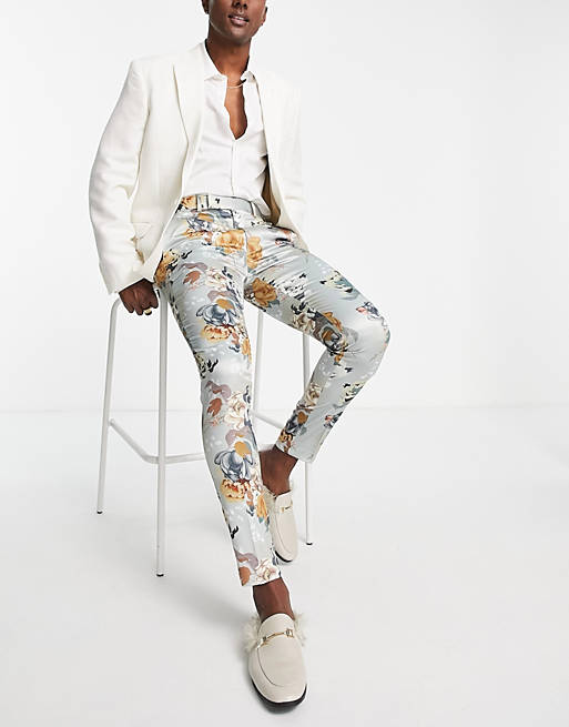  wedding super skinny smart trousers with floral print in stone 