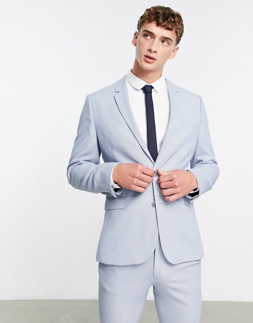 ASOS DESIGN wedding super skinny suit jacket in birdseye texture in dusky blue