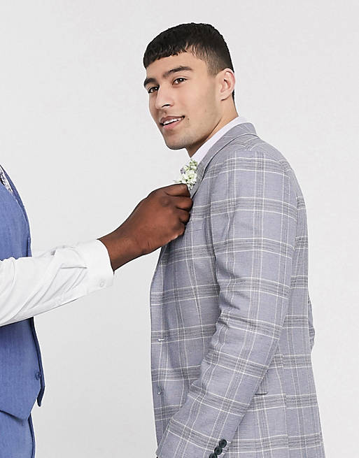  wedding super skinny suit jacket in blue linen windowpane check 