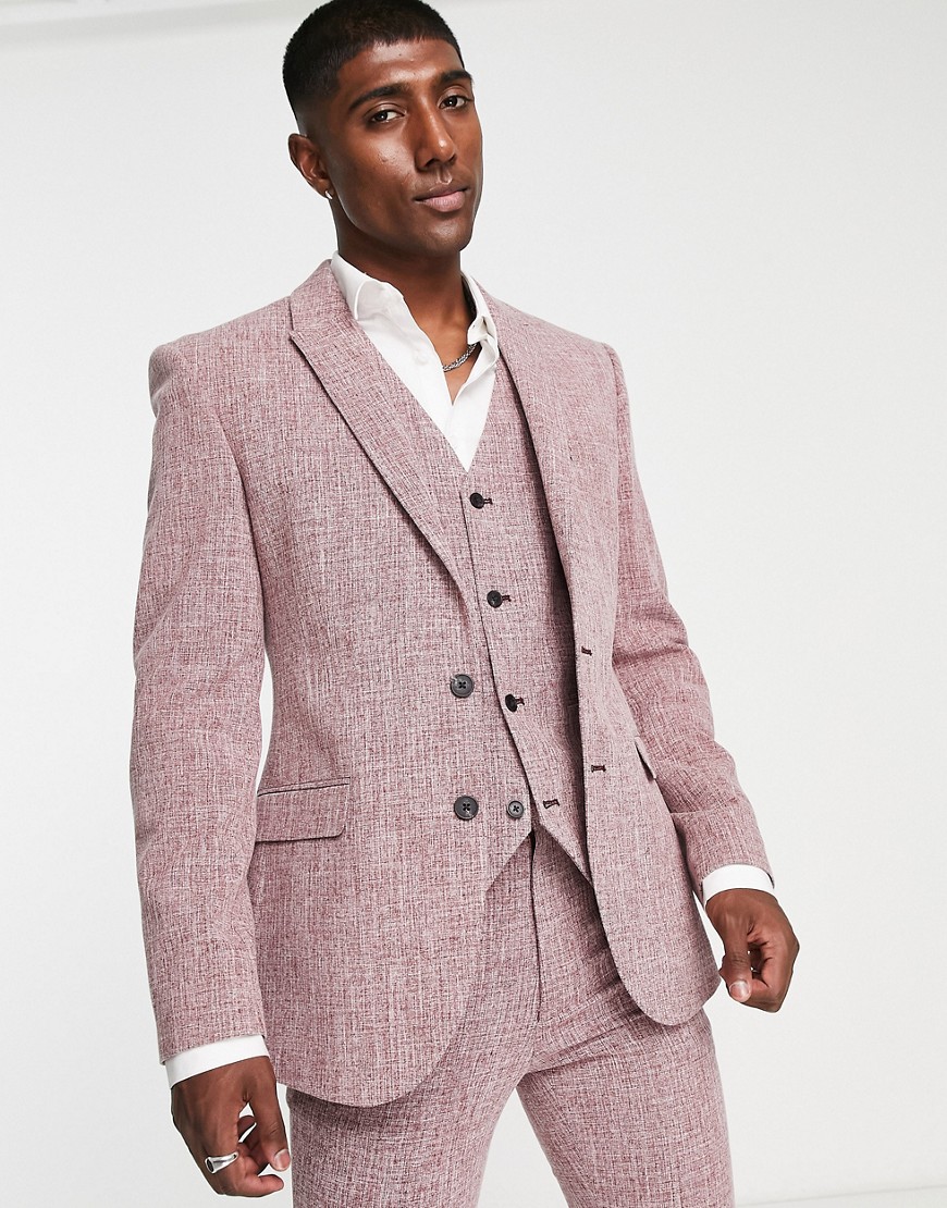 ASOS DESIGN wedding super skinny suit jacket in burgundy crosshatch-Red