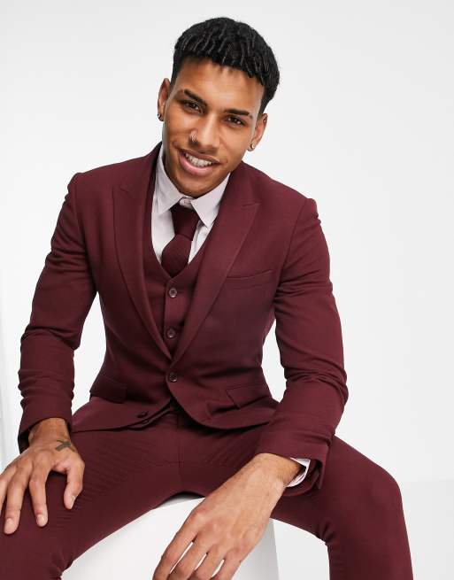 ASOS DESIGN wedding super skinny suit jacket in burgundy micro