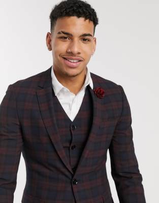 Asos Design Wedding Super Skinny Suit Jacket In Burgundy Plaidred
