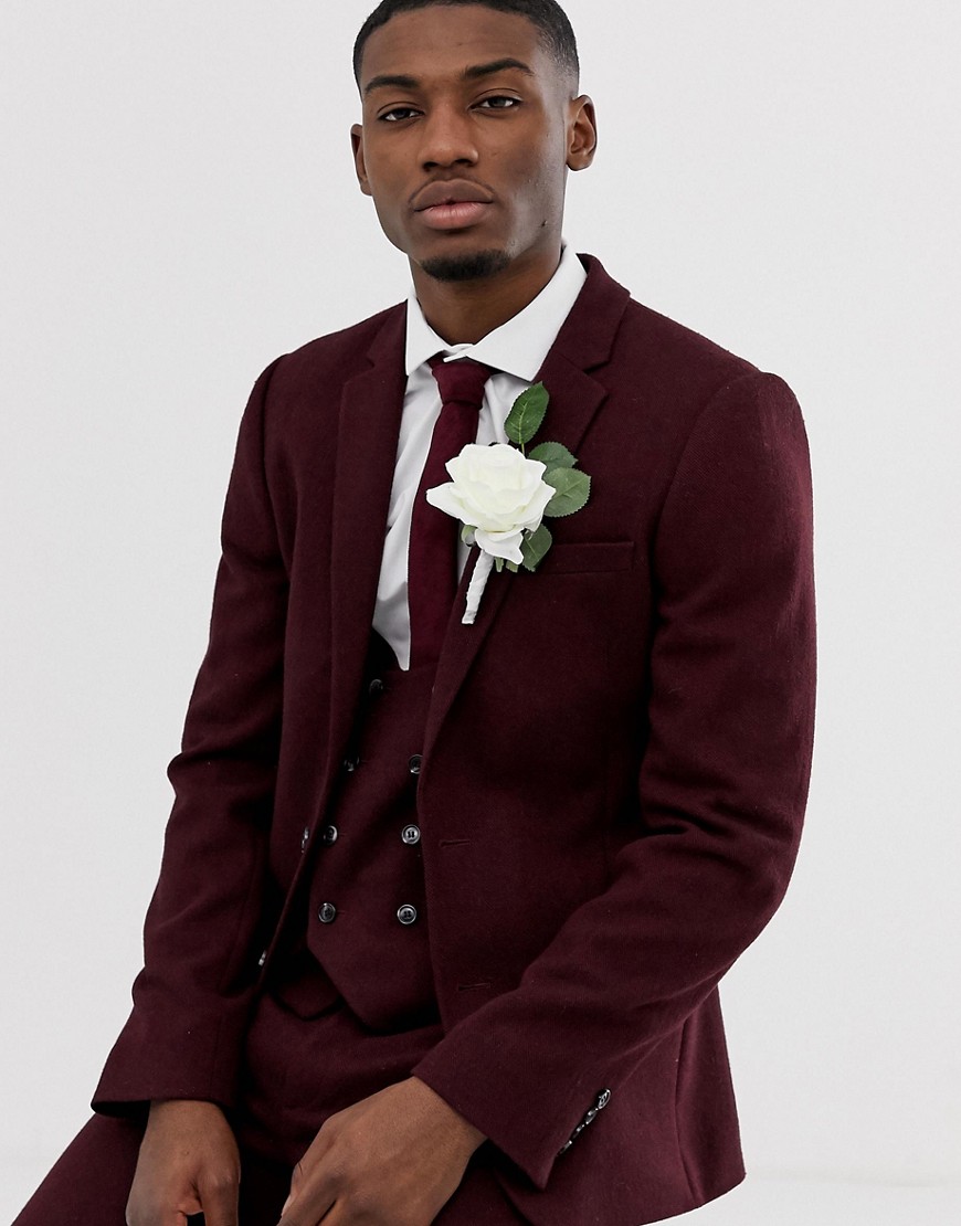 ASOS DESIGN wedding super skinny suit jacket in burgundy twill-Red