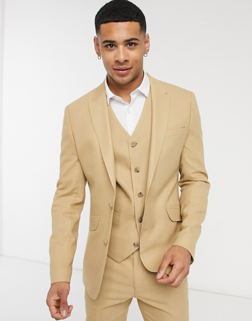 ASOS DESIGN wedding super skinny suit jacket in camel micro texture-Neutral