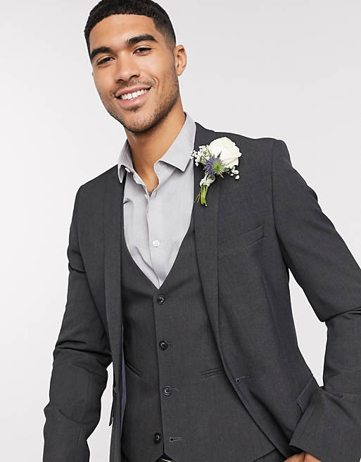 Men wedding super skinny suit jacket in charcoal four way stretch 