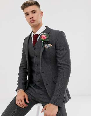 ASOS DESIGN wedding super skinny suit jacket in charcoal herringbone-Grey