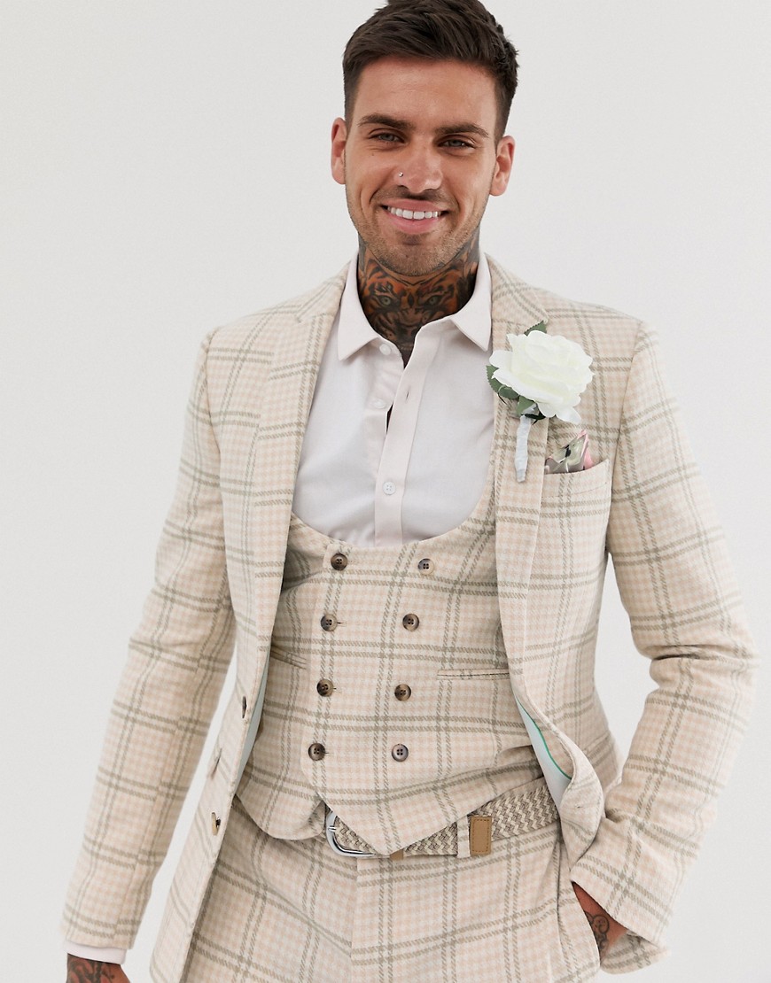 ASOS DESIGN wedding super skinny suit jacket in cream wool blend houndstooth-Neutral