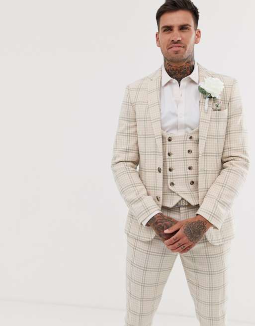 ASOS DESIGN wedding super skinny suit jacket in cream wool blend