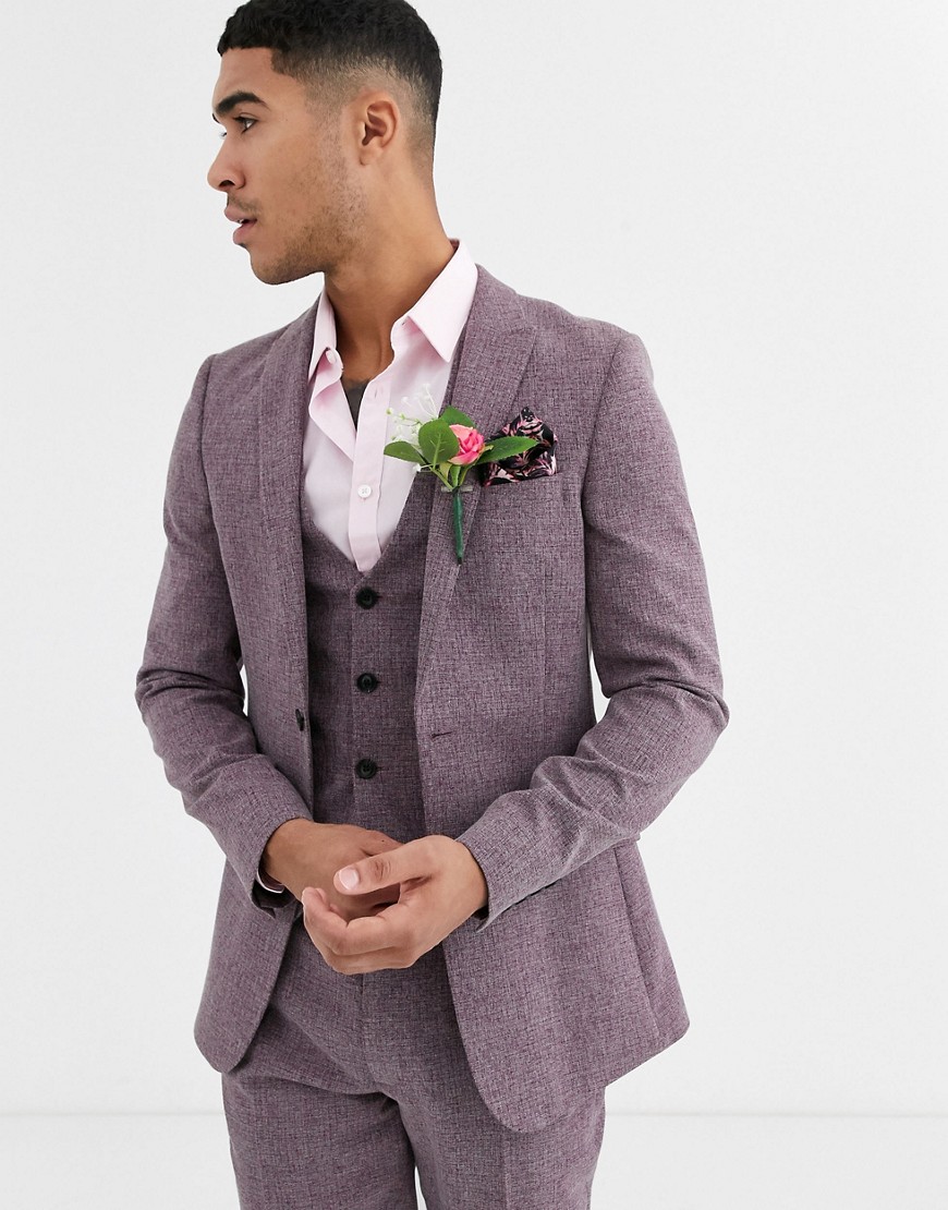 ASOS DESIGN wedding super skinny suit jacket in crosshatch in wine twist-Red