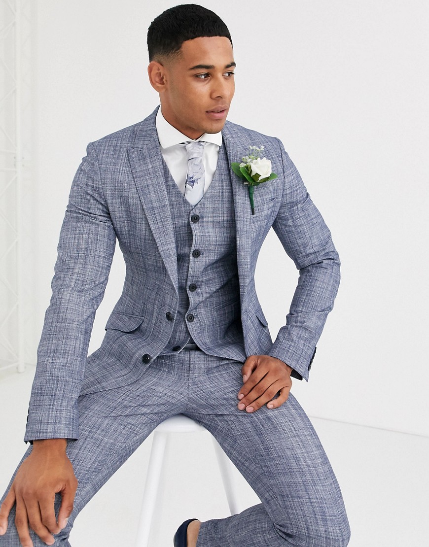ASOS DESIGN wedding super skinny suit jacket in dark blue crosshatch-Navy