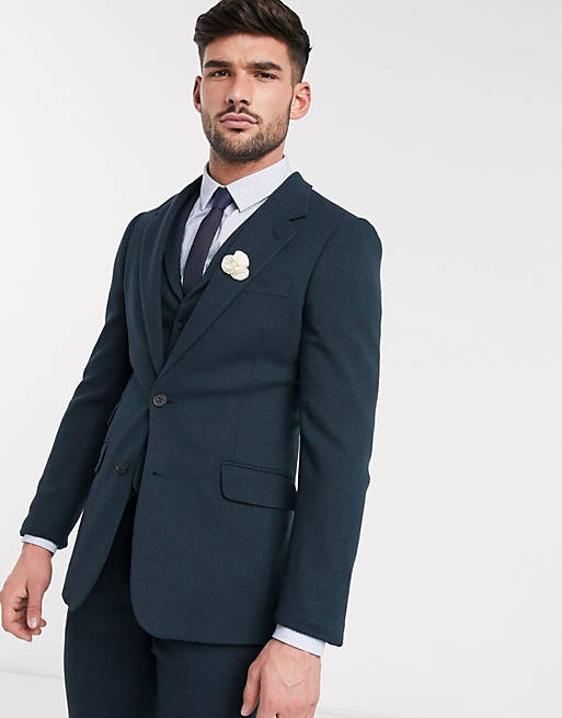 Men wedding super skinny suit jacket in dark green wool blend twill 