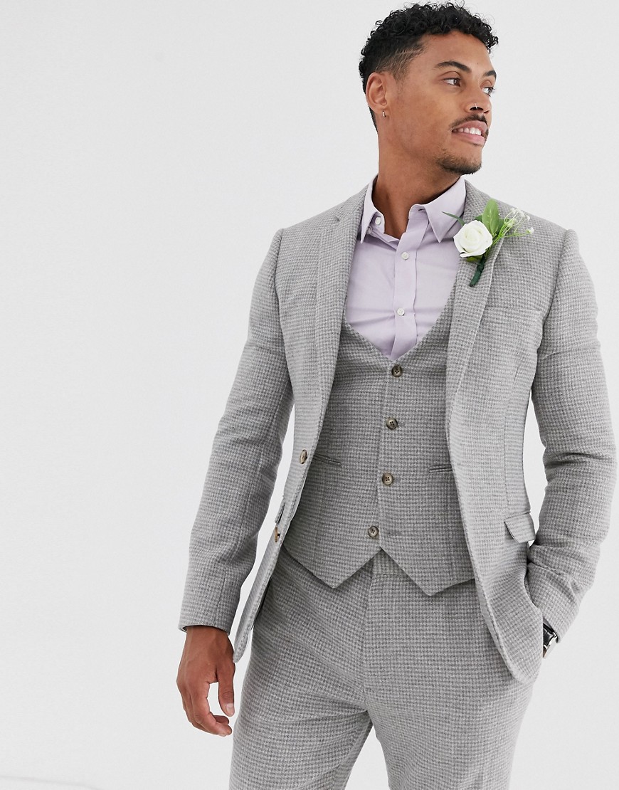 ASOS DESIGN wedding super skinny suit jacket in gray micro houndstooth-Grey