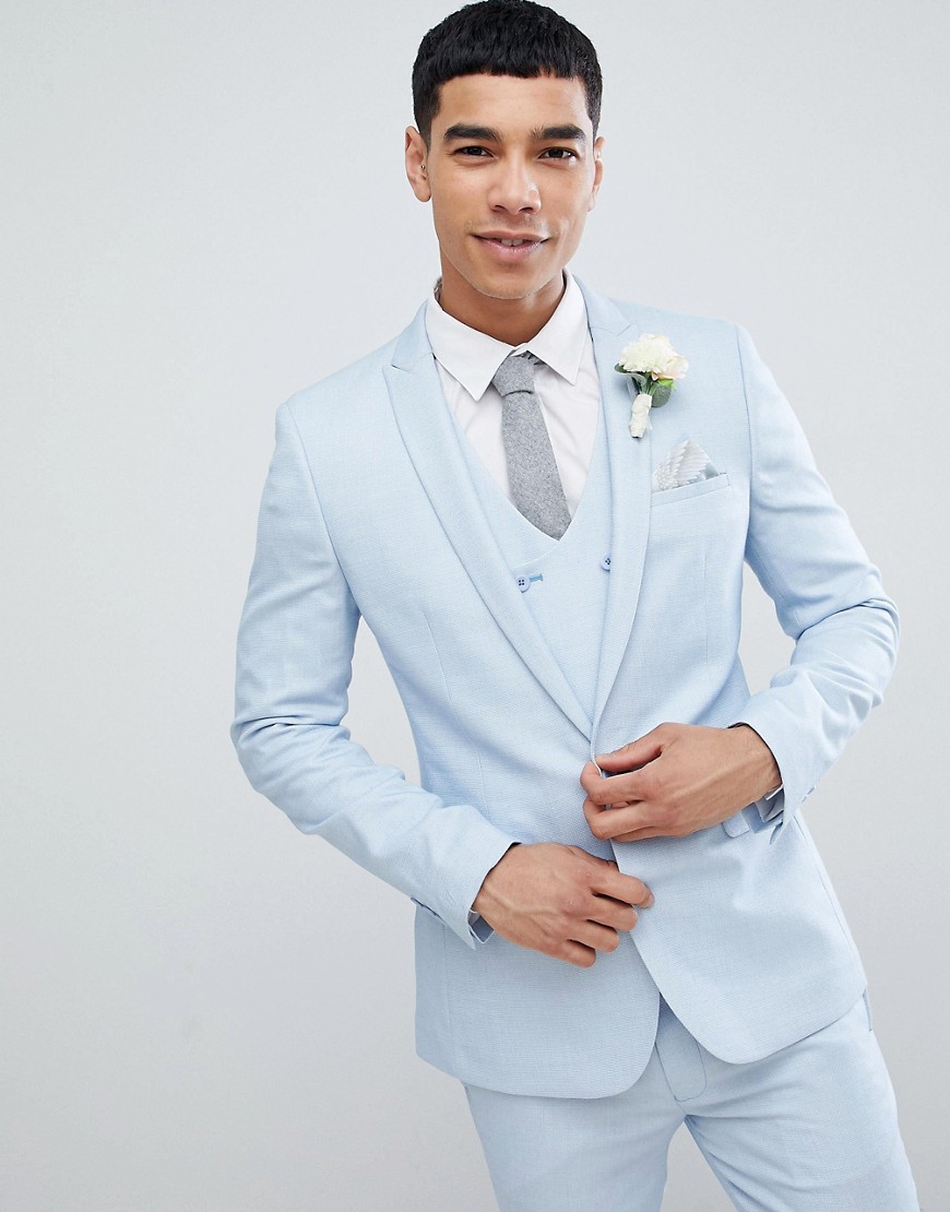 ASOS DESIGN wedding super skinny suit jacket in ice blue micro texture