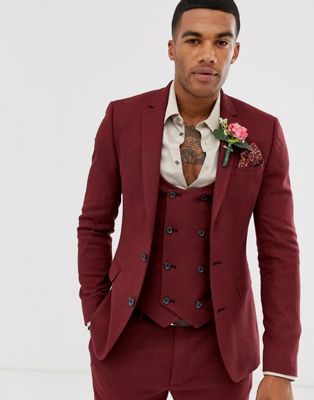 ASOS DESIGN wedding super skinny suit jacket in micro texture burgundy-Red