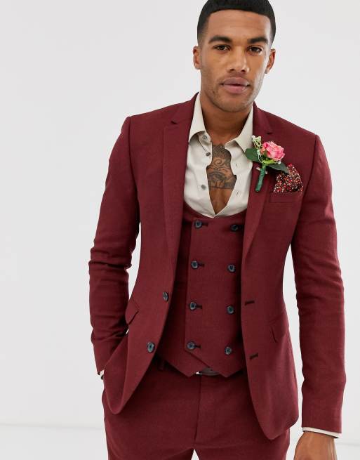 ASOS DESIGN regular suit jacket in burgundy pinstripe