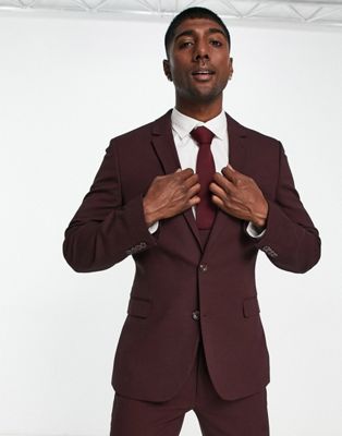 ASOS DESIGN wedding super skinny suit jacket in micro texture in burgundy - ASOS Price Checker