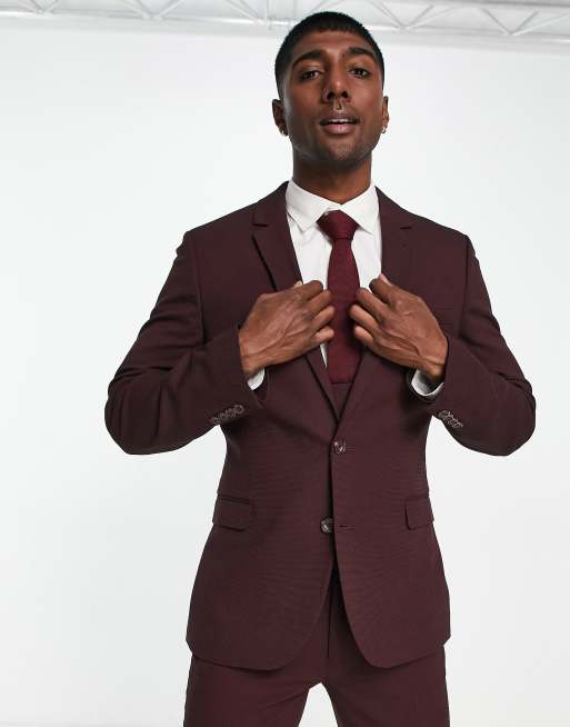 ASOS DESIGN wedding super skinny suit jacket in micro texture in burgundy