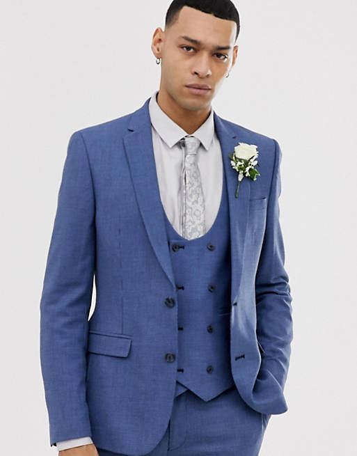 Men wedding super skinny suit jacket in micro texture in mid blue 