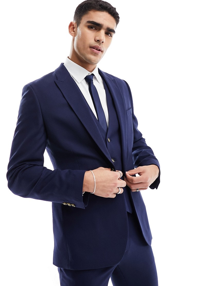 ASOS DESIGN wedding super skinny suit jacket in micro texture in navy-Blue