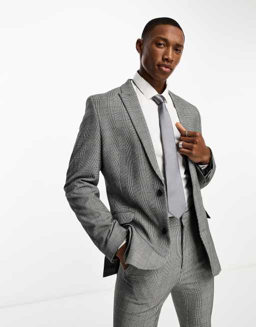 Men's Grey Prince of Wales Plaid Slim 2 Piece Suit